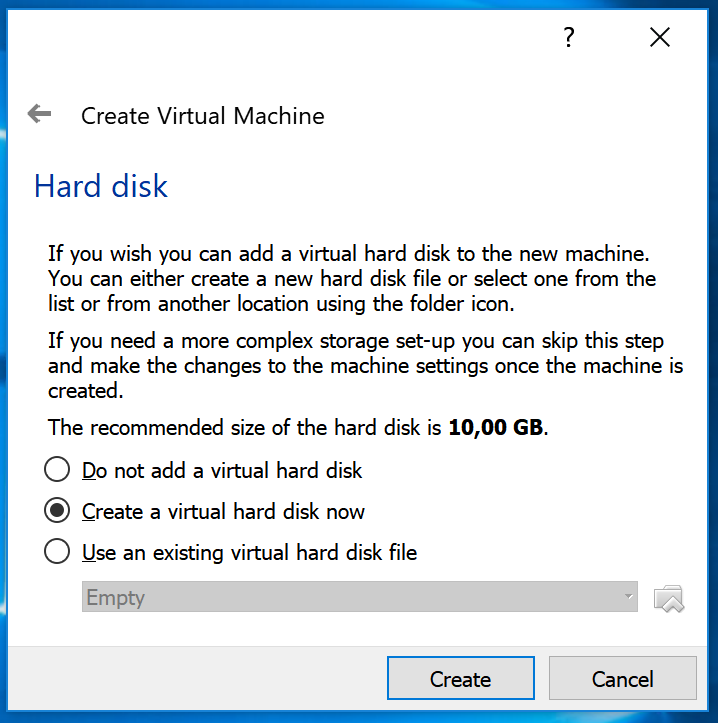 VirtualBox hard drive choose